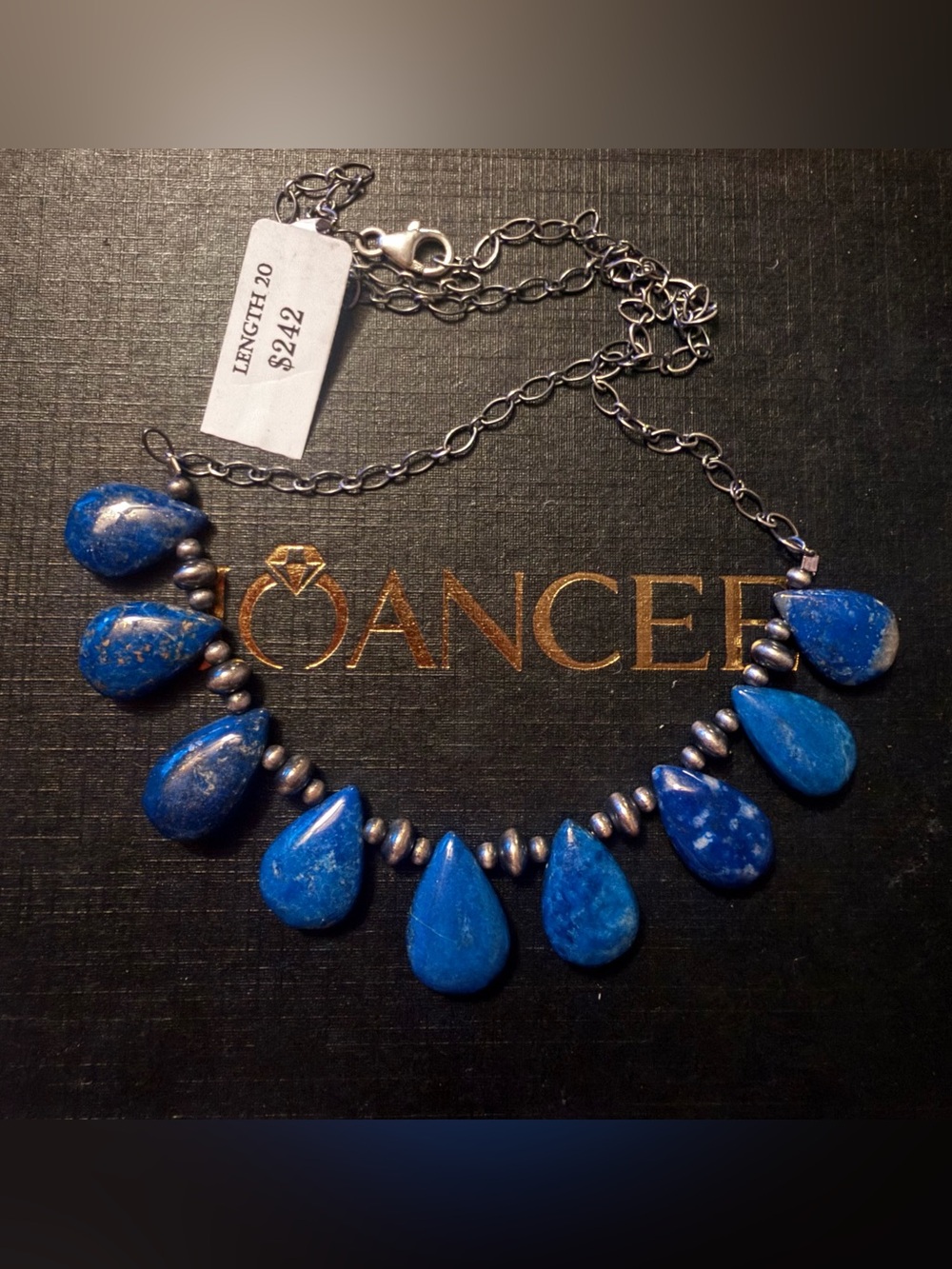 Genuine Lapis Lazuli Sterling Silver Teardrop Statement Necklace 20” NWT